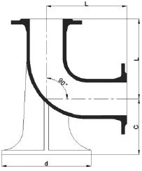 90° flanged duckfoot bend reference dimension diagram